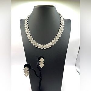 Vintage Necklace  Geometric Link Necklace and Earrings Set Silver Tone Sparkling